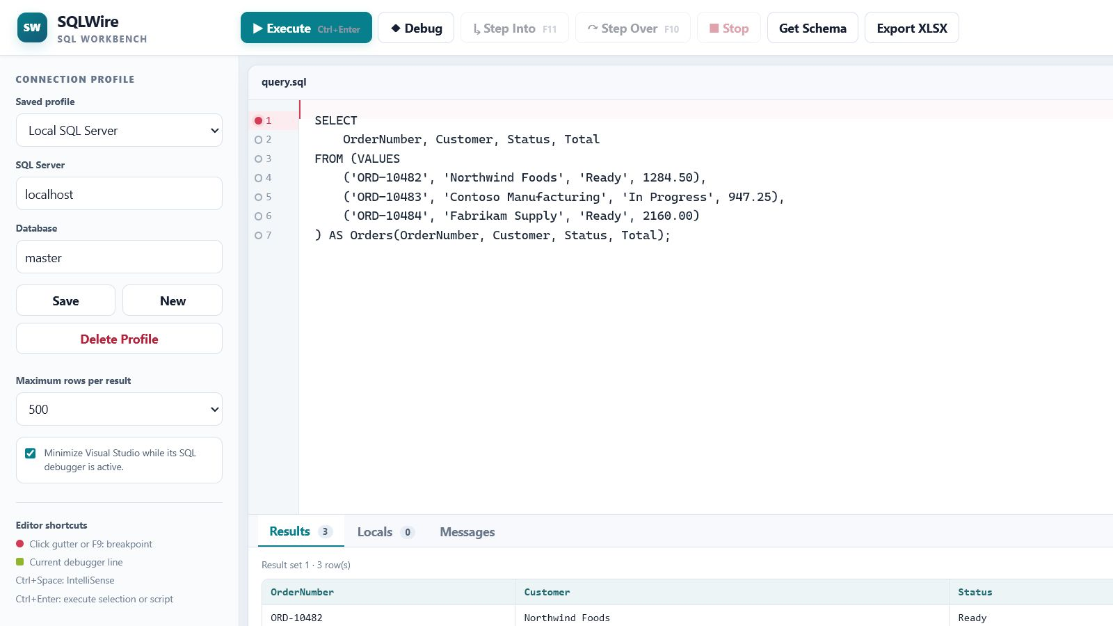 SQLWire workbench showing a SQL query editor and result grid